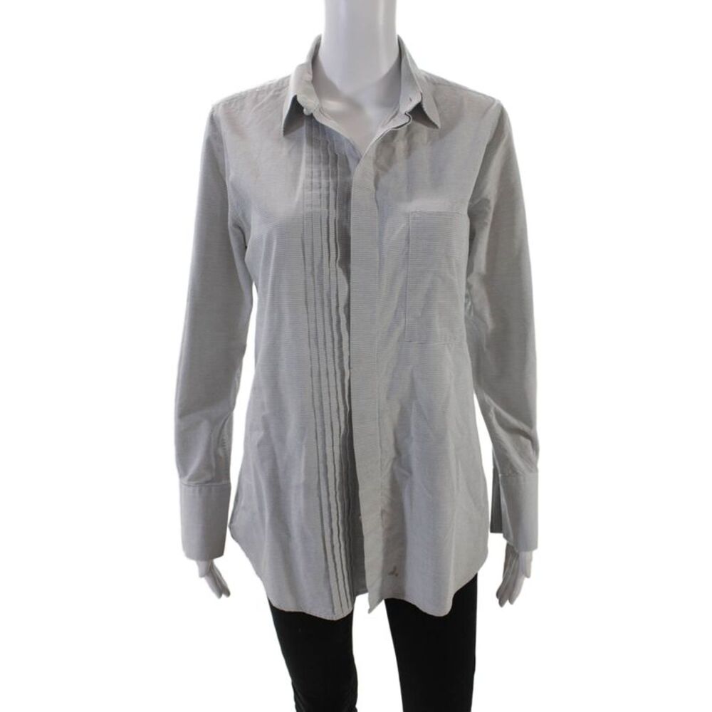 Claridge + King Womens Cotton Long Sleeve V-neck Striped Blouse White Size M